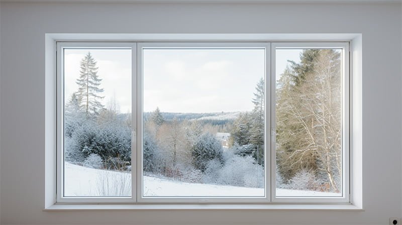 Vue hivernale à travers une fenêtre triple vitrage de BCA Menuiseries.