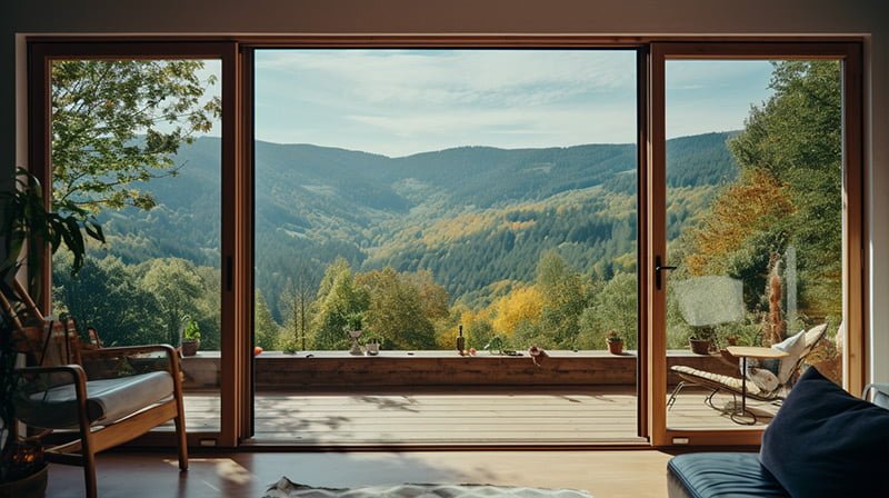Vue panoramique à travers une fenêtre en bois de BCA Menuiseries sur une forêt vallonnée.